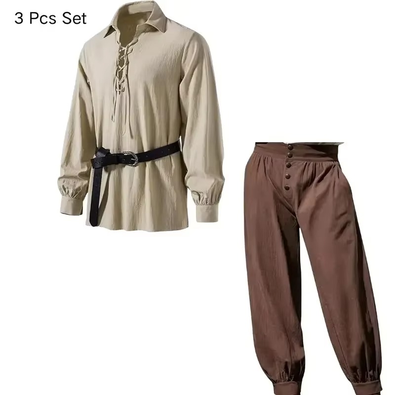Men Medieval Viking Pirate 3 P - Medieval Gothic Lace Up Pirate Shirt ulasan dan harga
